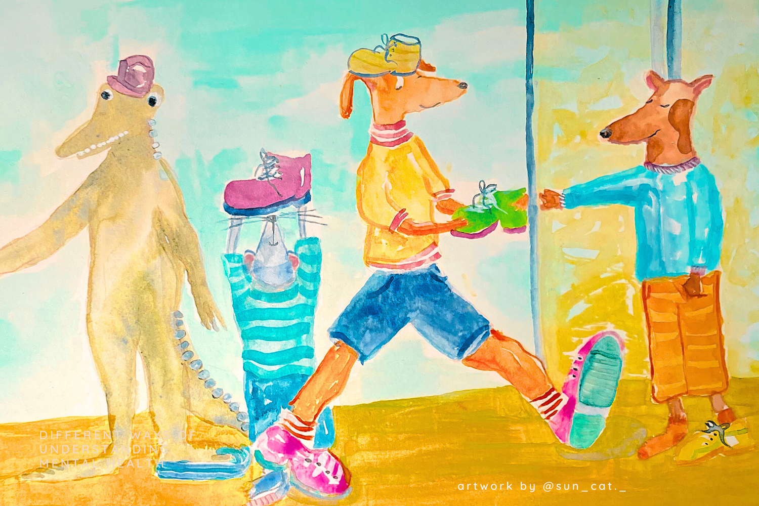 A water colour painted image with a blue and mustard coloured background with an alligator in a top hat, a mouse holding up a shoe, a dog passing another dog a green shoe