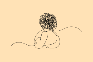 A black line drawing on a peach coloured background. Depicts a person resting their head on their hand, their head is made up of round scribbles.