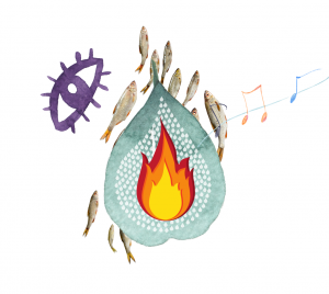 An abstract, absurd collection of images arranged to look like a water-drop. They include a green leaf overlapped by a water droplet which is overlapped by a flame. Behind these are a school of silver fish. An illustration of a purple eye floats at the top left, and music notes appear to be emerging from the centre.