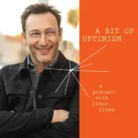 Podcast Art. A photo fo Simon Sinek on one side. He is smiling and crossing his arms, wearing a black jacket and clear framed glasses. The title is on the other side, white text on a bright orange background.