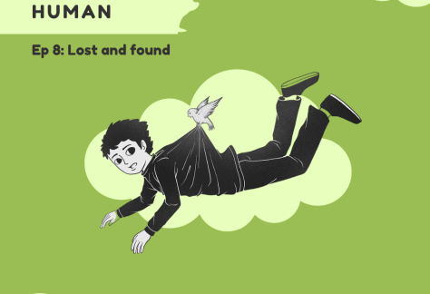 Podcast Art. Green background with light green clouds. A black and white cartoon person being carried by a bird by the fabric on the back of their shirt.